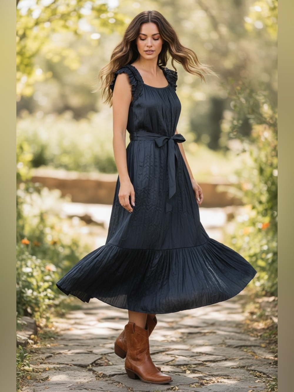 NWT Anthropologie Current Air Blue Ruffle Midi Dress Western Boho Cottagecore M